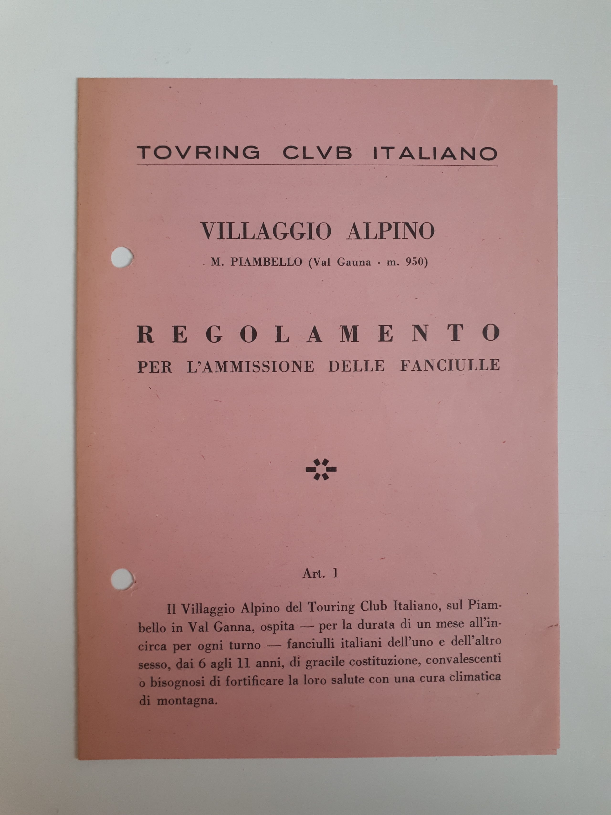 Regolamento per l'ammissione delle fanciulle, ca. 1940