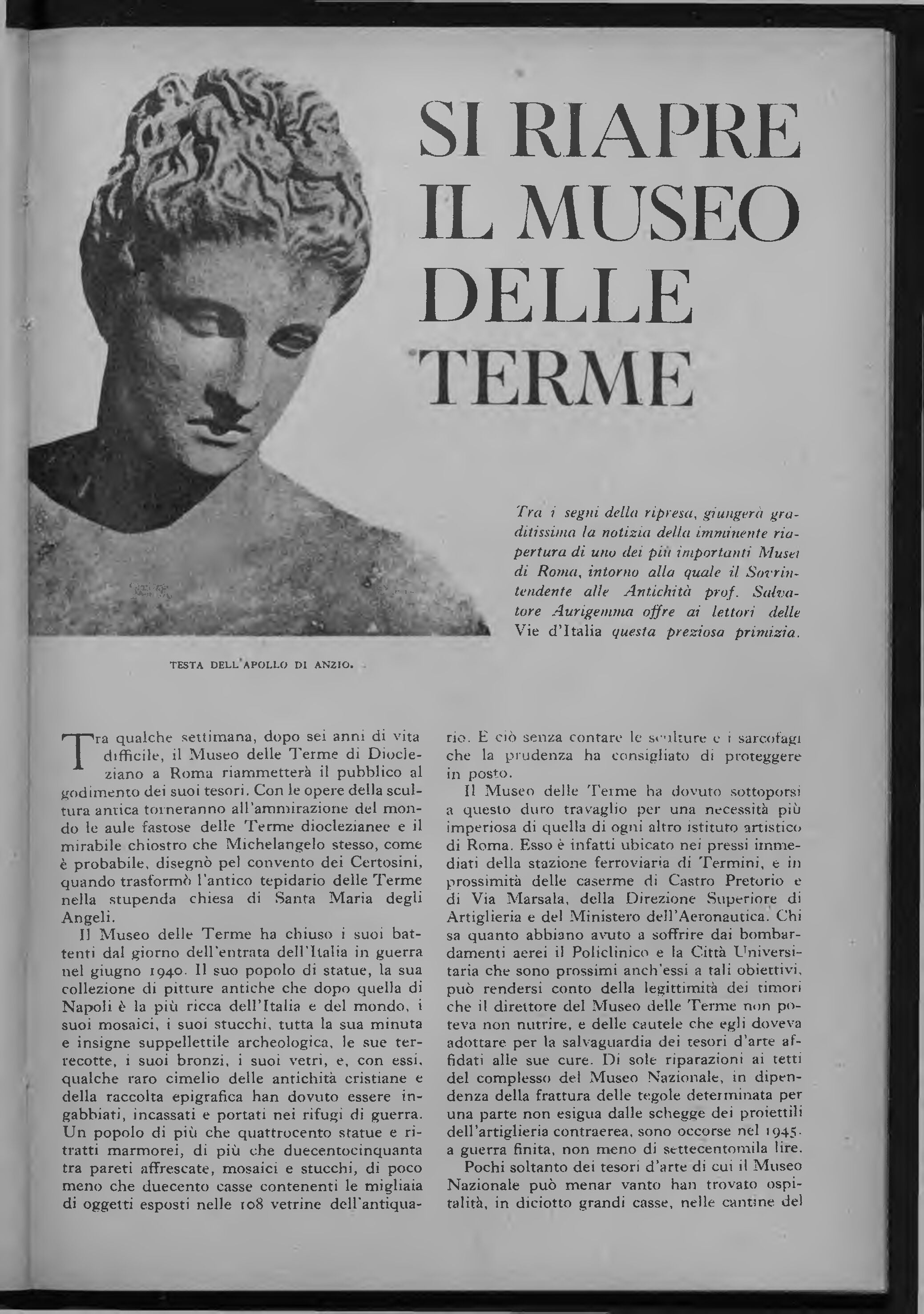 "Si riapre il Museo delle Terme", Vie d'Italia, giugno 1946