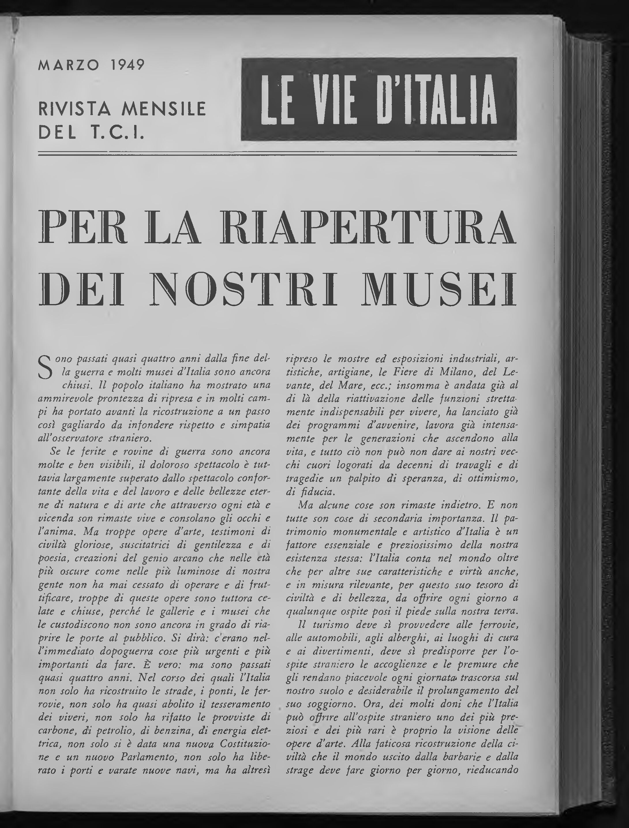 "Per la riapertura dei nostri musei", Vie d'Italia, marzo 1949