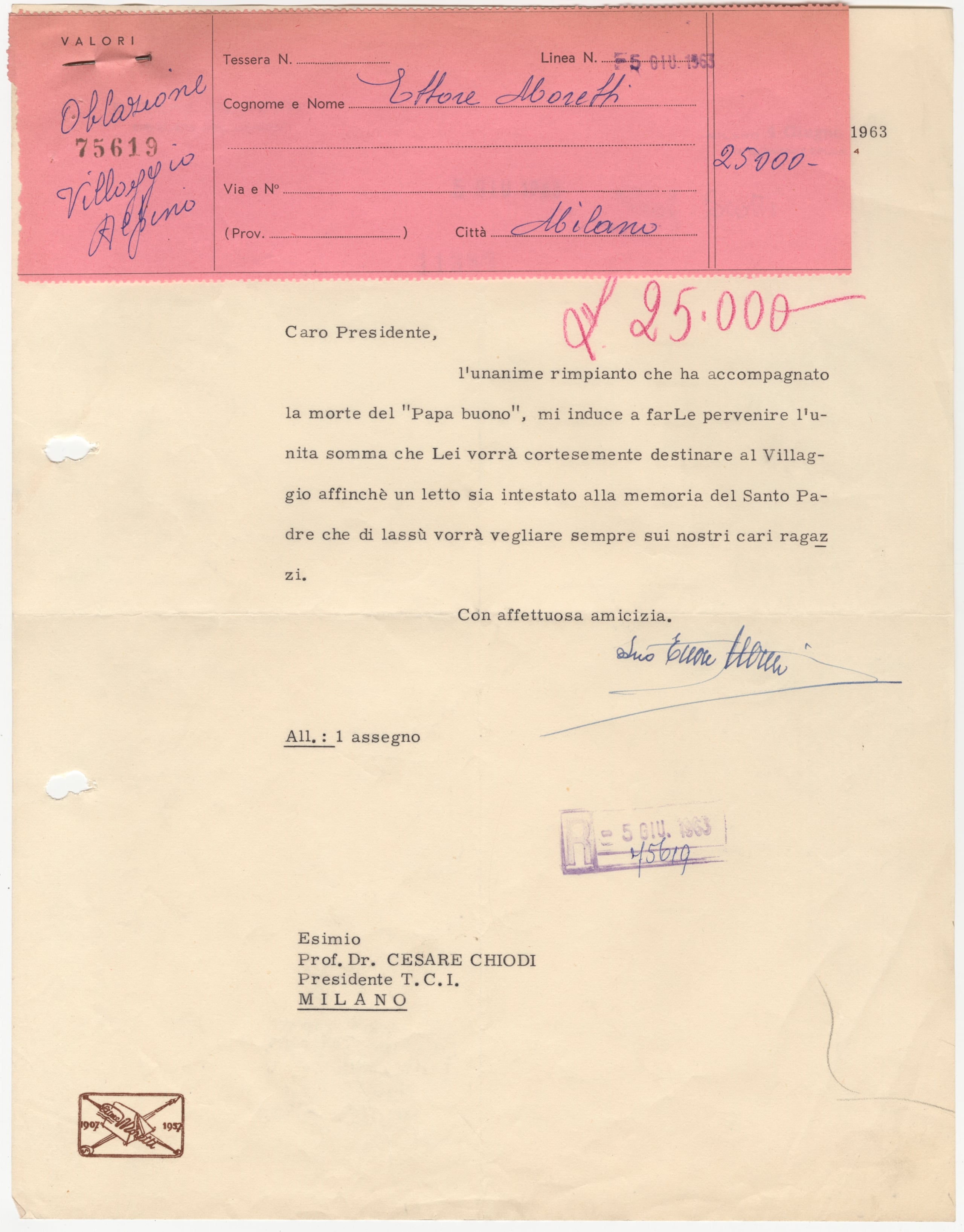 Donazione di 25.000 lire in ricordo di Papa Giovanni XXIII, 5 giugno 1963