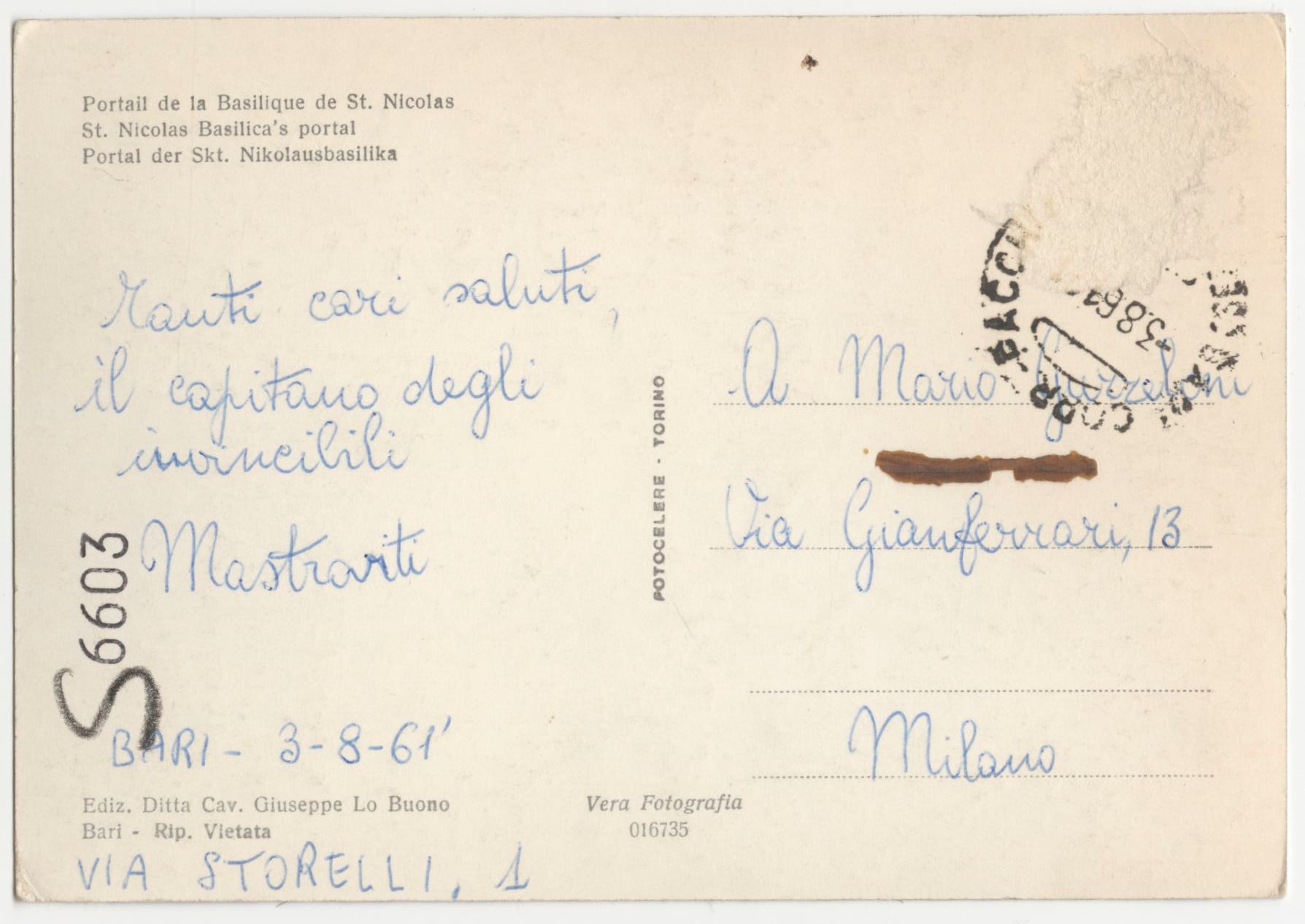 "Tanti cari saluti, il capitano degli invincibili" Bari, 3 agosto 1961