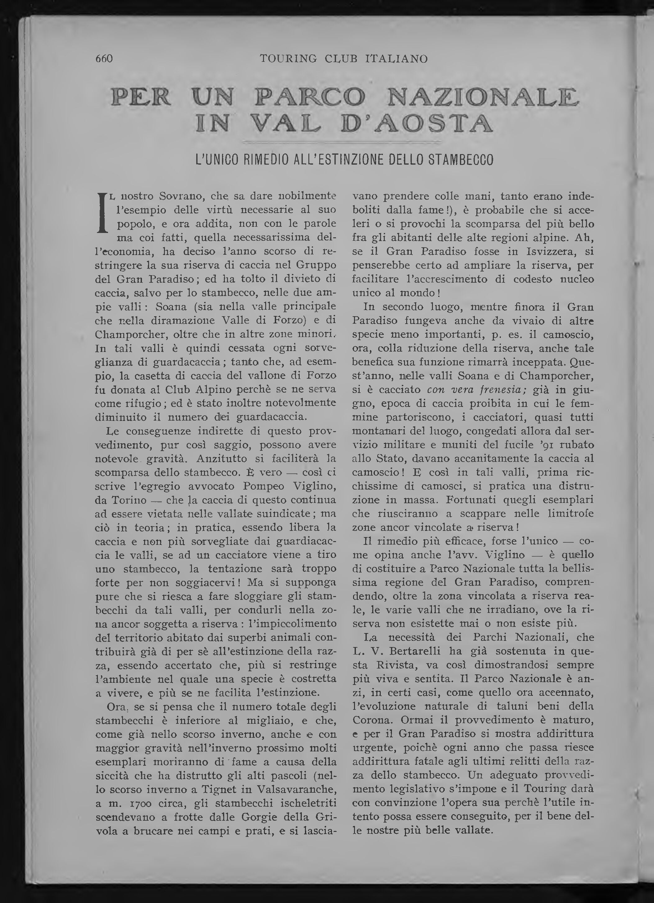 "Per un Parco Nazionale in Val d'Aosta", Vie d'Italia, novembre 1919